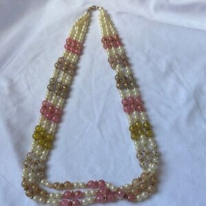 Multi-Strand Pearl Beaded Necklace with Pink, Green and Champagne Accents